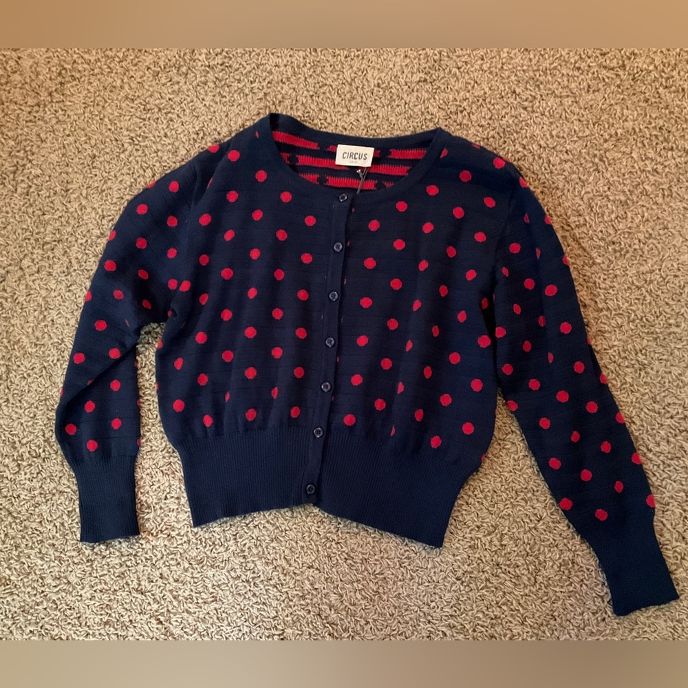 NWT~Vintage Inspired Navy Cardigan Sweater with Red Polka Dots, UK XL-Import!🍒